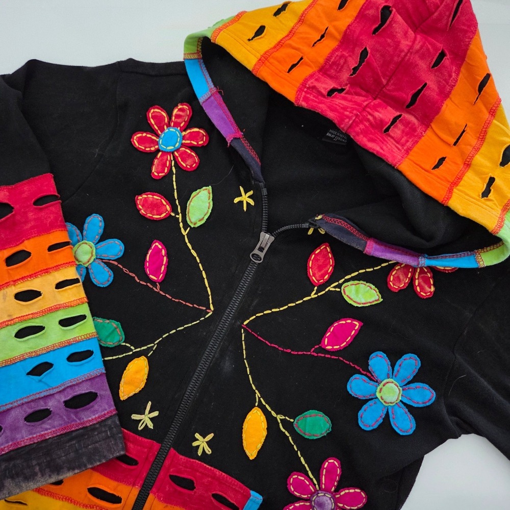 Unbranded Zip Up Hoodie Black Multi Floral Rainbow‎ Razor Cut Women Medium